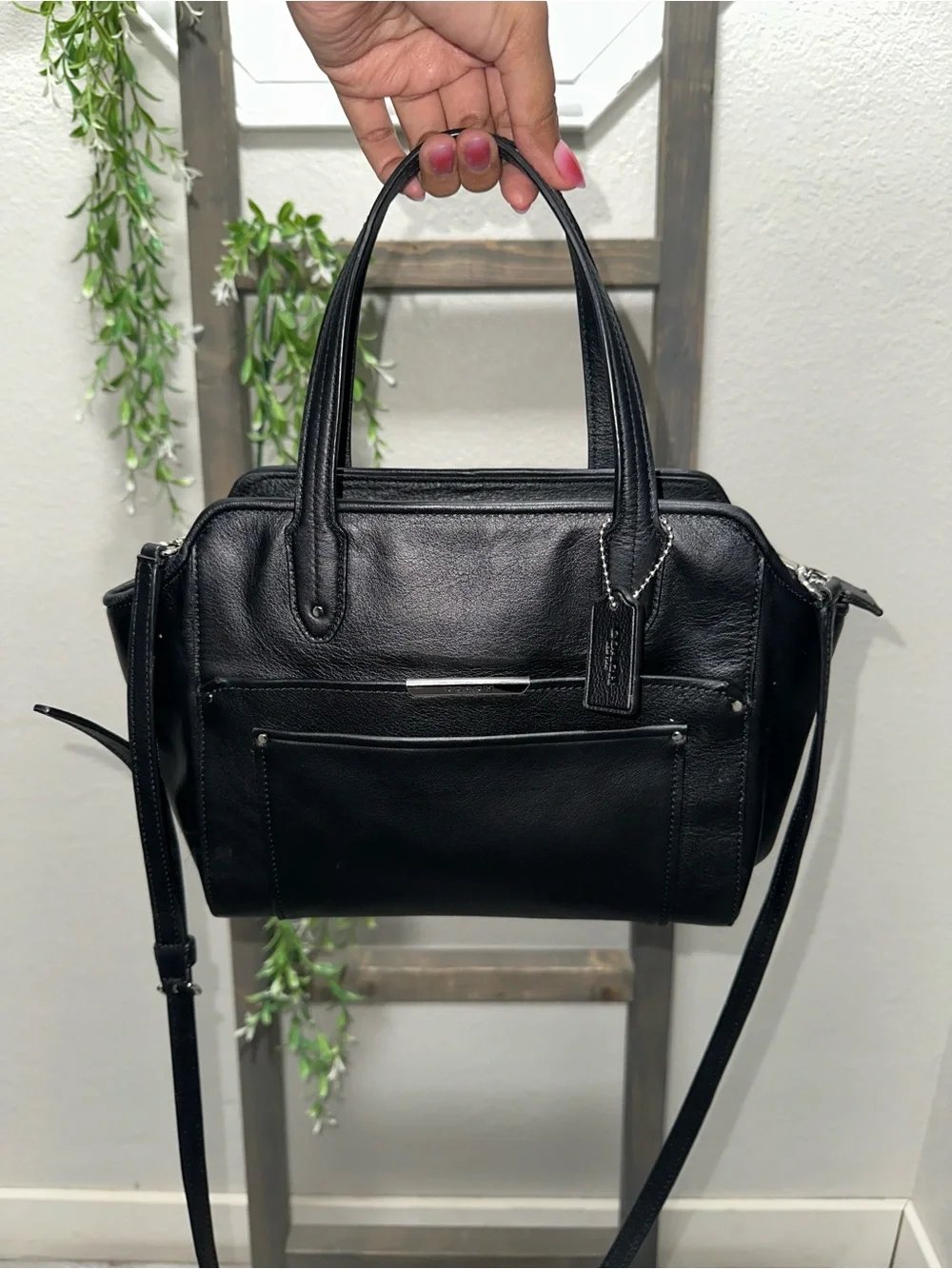 Coach Black Leather Structured Shoulder Bag with Crossbody Strap